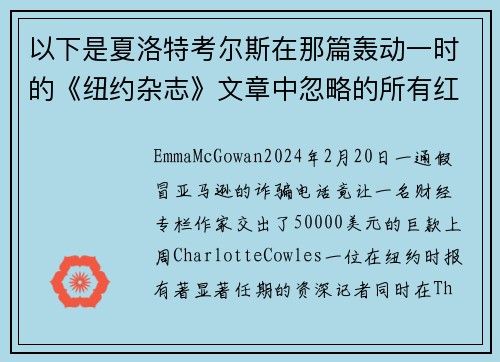 以下是夏洛特考尔斯在那篇轰动一时的《纽约杂志》文章中忽略的所有红旗。